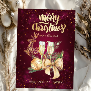 Tarjeta Festiva Elegante bola de Navidad, Reno, Copa de vino, Lazo