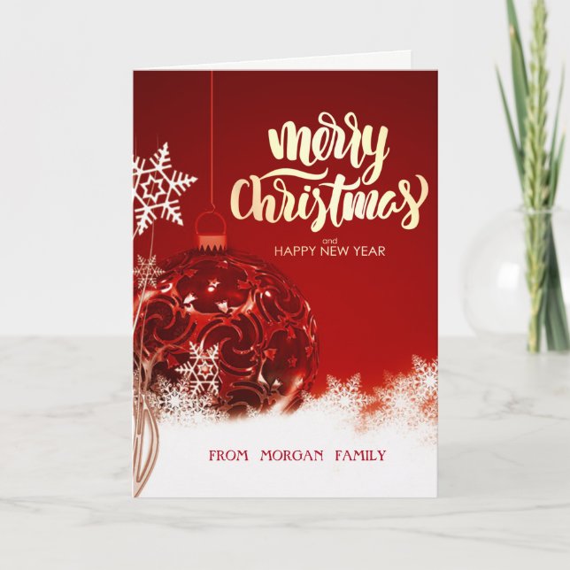Tarjeta Festiva Elegante bola de Navidades rojos, copos de nieve (Anverso)