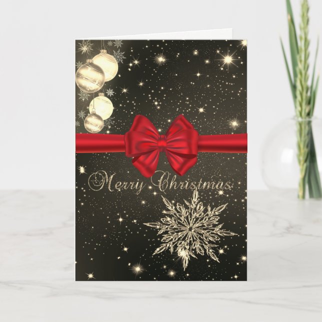 Tarjeta Festiva Elegante, bolas de Navidad, copo de nieve, vaca ro (Anverso)