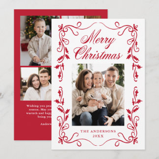Tarjeta Festiva Elegante borde de acebo rojo Merry Christmas 5 Fot