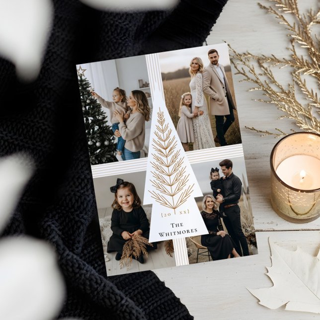 Tarjeta Festiva Elegante Bow Present Evergreen Tree Collage de fot (Elegant Bow Present Evergreen Tree Photo Collage Holiday Card)