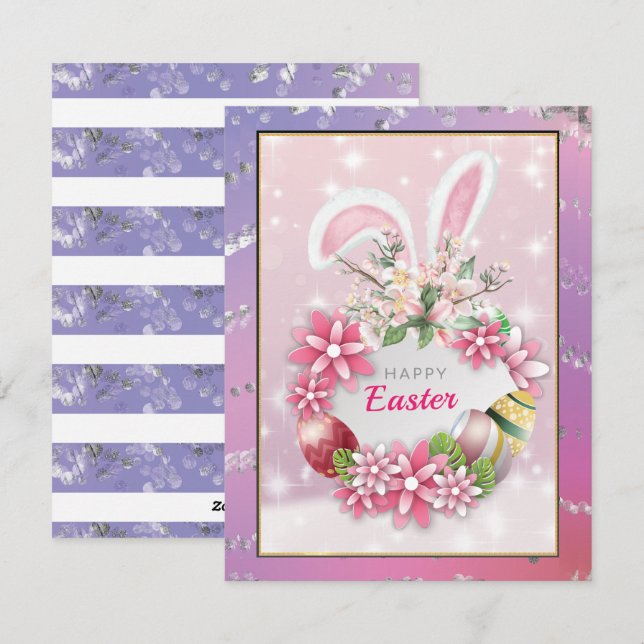 Tarjeta Festiva Elegante Bunny Happy Easter Day Holiday Card (Anverso / Reverso)