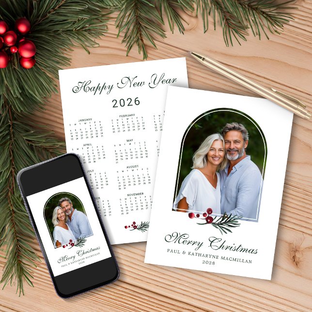 Tarjeta Festiva Elegante calendario de Navidades del Arco Pino 202 (Elegant Pine Arch Christmas 2026 Photo Calendar Holiday Card with Instant Download)