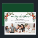 Tarjeta Festiva Elegante caligrafía acuarela invierno Floral verde<br><div class="desc">Script de caligrafía moderna. Elegante tarjeta navideña Floral 3 Photo Merry de invierno incluye hermosas poinsettias rojas acuarelas,  vegetación botánica,  follaje de invierno,  bayas huecas,  rosas blancas,  algodón,  pinos y bayas azules. Atrás verde.</div>