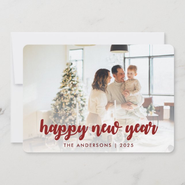 Tarjeta Festiva Elegante caligrafía Feliz Año Nuevo foto familiar (Anverso)