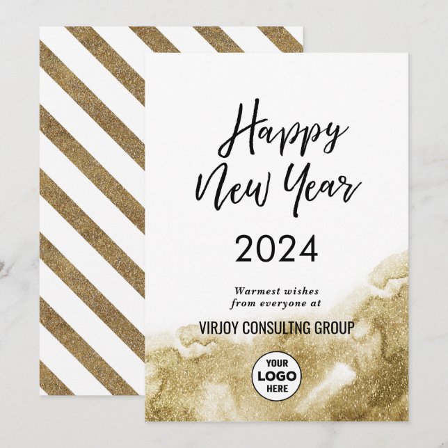 Tarjeta Festiva Elegante Caligrafía Festive Gold Purpurina Corpora (Anverso / Reverso)