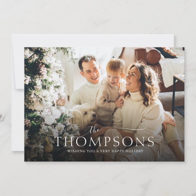 Tarjeta Festiva Elegante caligrafía Foto Navidades verdes (Anverso)