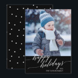 Tarjeta Festiva Elegante caligrafía negra feliz foto de vacaciones<br><div class="desc">Esta elegante tarjeta de fotografía de caligrafía negra Happy Holidays es la tarjeta de vacaciones perfecta. El diseño cuenta con una moderna tarjeta fotográfica decorada con una tipografía romántica y caprichosa y un respaldo de puntitos de polka. Personalice la tarjeta con su nombre y año de familia.</div>