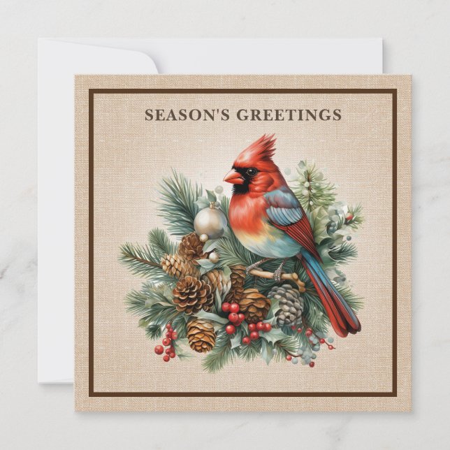 Tarjeta Festiva Elegante Cardenal Pinecones Woodland Burlap Lujo (Anverso)