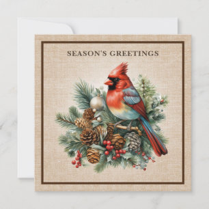 Tarjeta Festiva Elegante Cardenal Pinecones Woodland Burlap Lujo