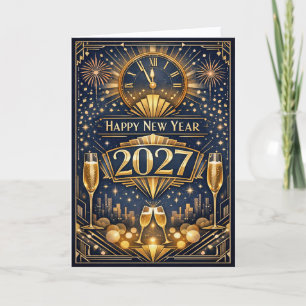 Tarjeta Festiva Elegante Celebración de Año Nuevo Art Déco en Oro