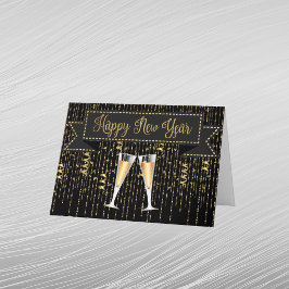 Tarjeta Festiva Elegante Champagne Año Nuevo Negro Oro