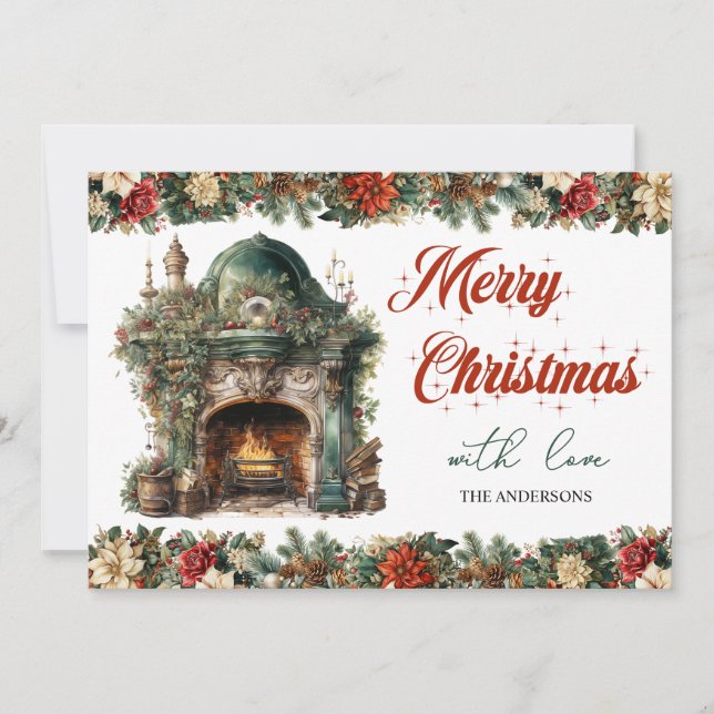 Tarjeta Festiva Elegante chimenea retro de Navidades acogedores (Anverso)