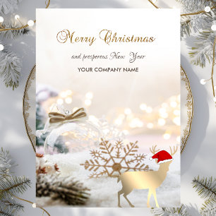 Tarjeta Festiva Elegante, ciervo de Navidad, bolas, copos de nieve