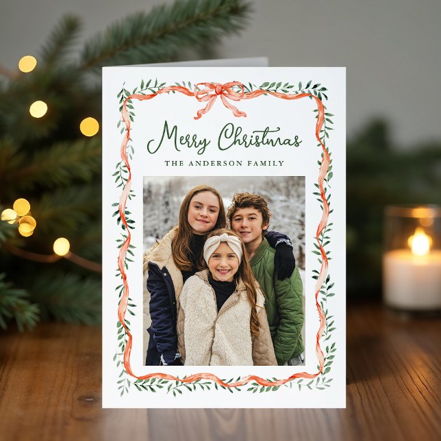 Tarjeta Festiva Elegante cinta roja y foto verde (Subido por el creador)