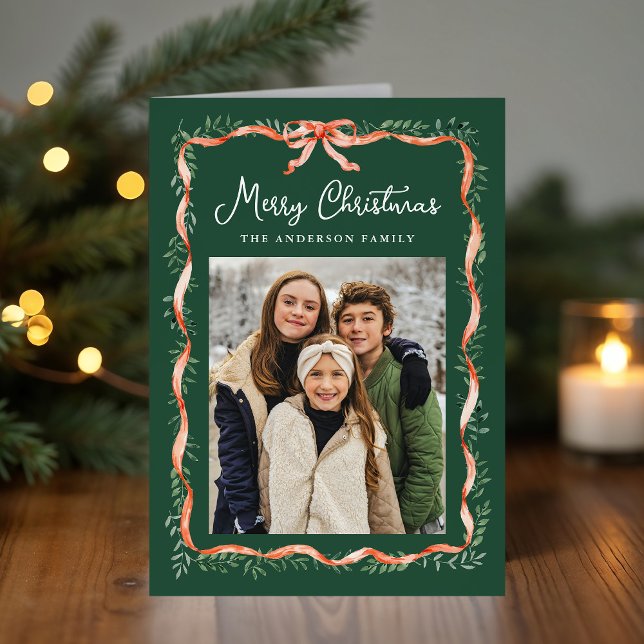 Tarjeta Festiva Elegante cinta roja y foto verde (Subido por el creador)
