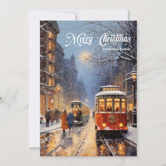 Tarjeta Festiva Elegante ciudad de Navidades nocturnos retro y ret (Anverso)