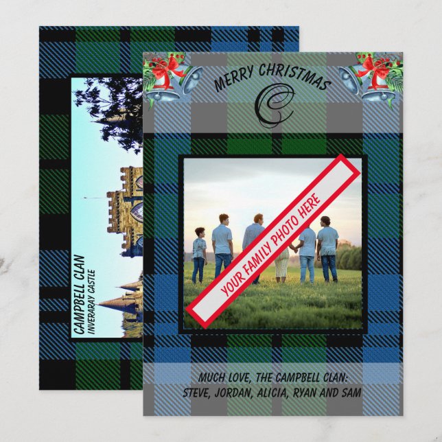 Tarjeta Festiva Elegante Clan Campbell Blue Tartan Foto de la fami (Anverso / Reverso)