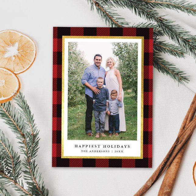 Tarjeta Festiva Elegante Classic Red Plaid Gold Frame Photo (Subido por el creador)