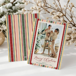Tarjeta Festiva Elegante Classic Stripes Merry Christmas Photo