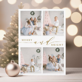 Tarjeta Festiva Elegante Colage de 4 Fotos Merry & Bright en Oro