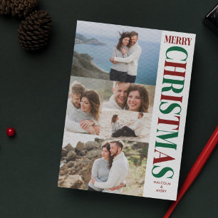 Tarjeta Festiva Elegante Colage de Fotos Navideño Rojo y Verde