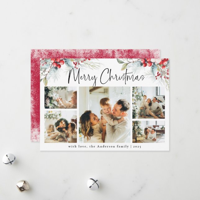 Tarjeta Festiva Elegante Collage de fotos botánico Navidades rojos (Anverso/Reverso In Situ)