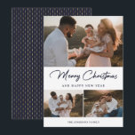 Tarjeta Festiva Elegante Collage de fotos de caligrafía de oro azu<br><div class="desc">Personalizado tarjeta de vacaciones con fotos en azul y oro con un collage de fotos en la parte delantera y un patrón azul y oro en la parte trasera. Personalice fácilmente esta elegante tarjeta de vacaciones con fotos y el nombre de la familia. Hay más opciones de color disponibles.</div>