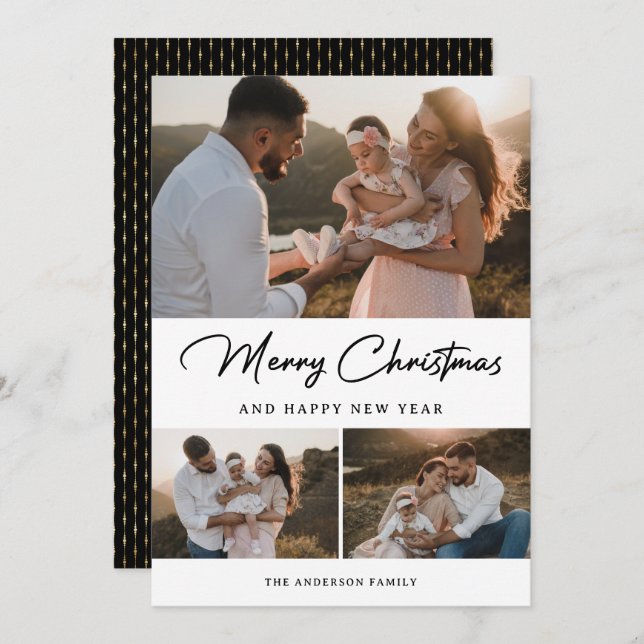 Tarjeta Festiva Elegante Collage de fotos de caligrafía de oro neg (Anverso / Reverso)