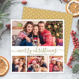 Tarjeta Festiva Elegante Collage de fotos Gold Script 4 Navidades