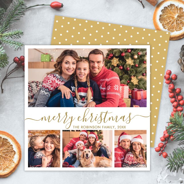 Tarjeta Festiva Elegante Collage de fotos Gold Script 4 Navidades (Subido por el creador)