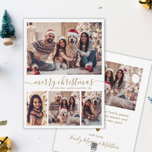 Tarjeta Festiva Elegante Collage de fotos Gold Script 4 Navidades (Subido por el creador)
