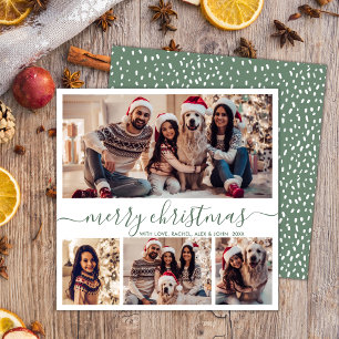 Tarjeta Festiva Elegante Collage de fotos  Green Script Navidades