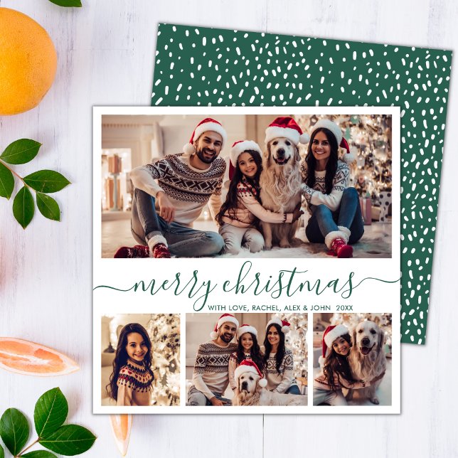 Tarjeta Festiva Elegante Collage de fotos  Green Script Navidades  (Subido por el creador)