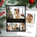 Tarjeta Festiva Elegante Collage de fotos negro de oro 4 Navidades<br><div class="desc">Minimalista y elegante caligrafía 4 Collage de fotos Feliz Navidad Script Tarjeta de vacaciones en negro y oro. Esta festividad, simple plantilla de cuatro (4) fotos de tarjetas de vacaciones cuenta con un collage de fotos de la rejilla de bonito y dice "¡Feliz Navidad!". El texto de bienvenida de "Feliz...</div>