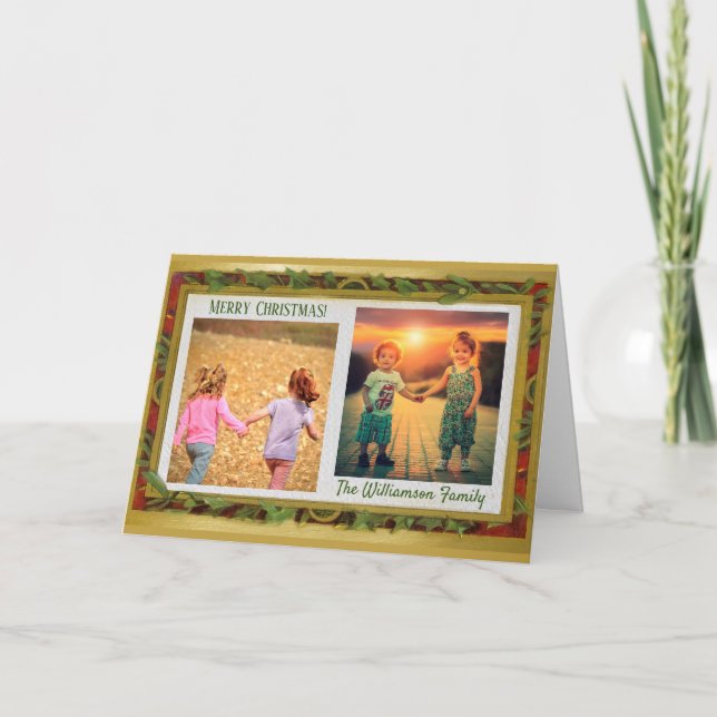 Tarjeta Festiva Elegante Collage de fotos Oro Rojo Nombre Verde (Anverso)