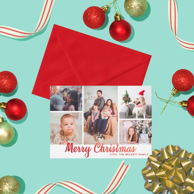 Tarjeta Festiva Elegante Collage de fotos Red Merry Christmas 5 (Subido por el creador)