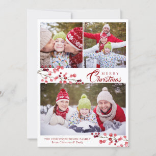 Tarjeta Festiva Elegante Collage de fotos Red Winter Berries Folia