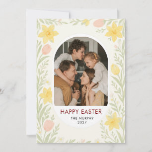 Tarjeta Festiva Elegante Colorido Óvalo Floral Pascua Foto Familia