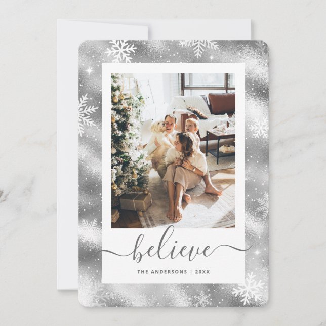Tarjeta Festiva Elegante copo de nieve con foto de plata (Anverso)