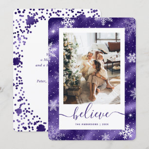 Tarjeta Festiva Elegante copo de nieve con fotos moradas