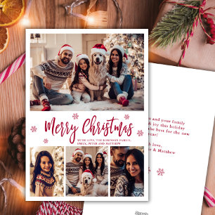 Tarjeta Festiva Elegante copo de nieve con guión rojo 4 Navidades