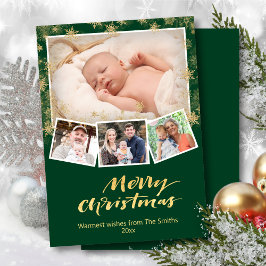 Tarjeta Festiva Elegante copo de nieve dorado guión de Moda verde 