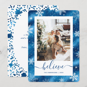 Tarjeta Festiva Elegante copo de nieve fotográfico azul