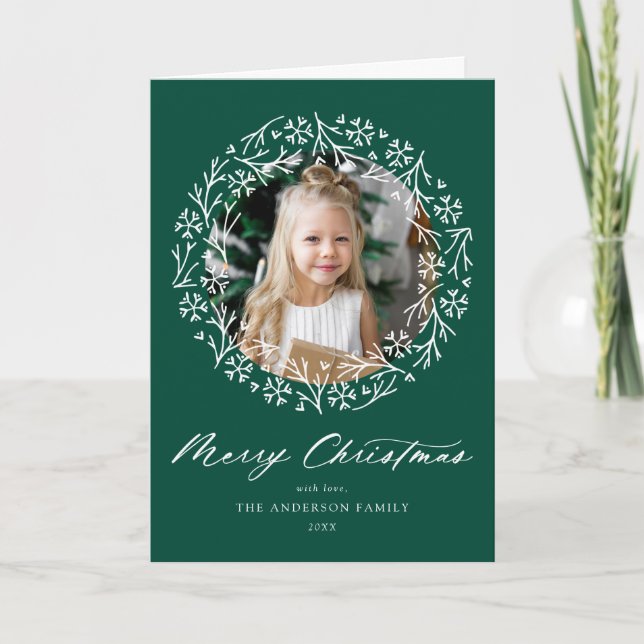 Tarjeta Festiva Elegante copo de nieve Wreath Green 2 Photo (Anverso)