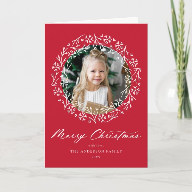 Tarjeta Festiva Elegante copo de nieve Wreath Red 2 Foto (Anverso)