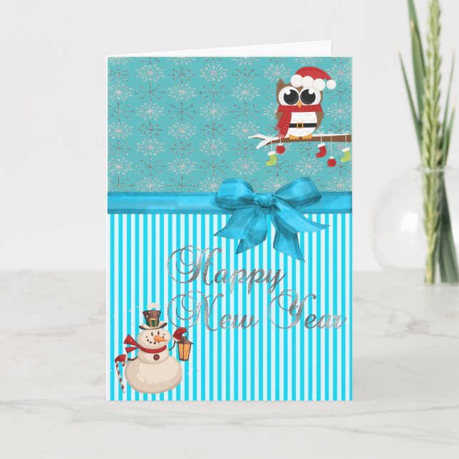 Tarjeta Festiva Elegante, Copos de nieve de plata Purpurinoso, muñ (Anverso)