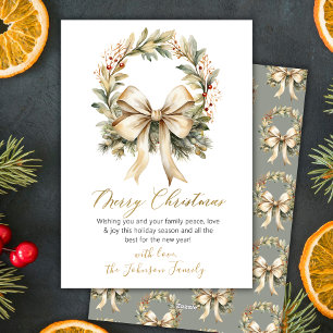 Tarjeta Festiva Elegante Corona de Acuarela con Lazo Dorado Feliz