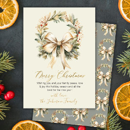 Tarjeta Festiva Elegante Corona de Acuarela con Lazo Dorado Feliz