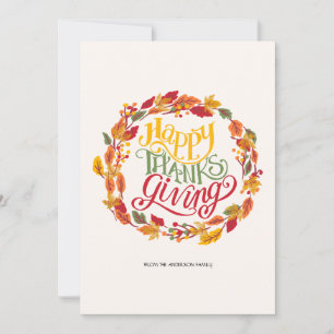 Tarjeta Festiva Elegante Corona de Hojas de Otoño Minimalista